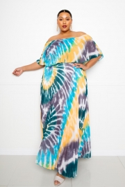 Tie Dye Off Shoulder Pleated Maxi 